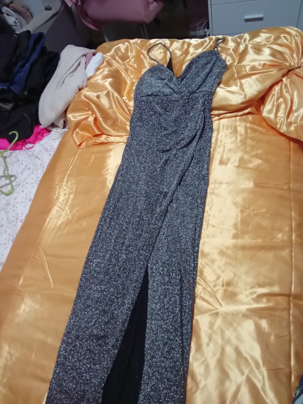 Sparkle Silver Evening Maxi Dress with V-Neck